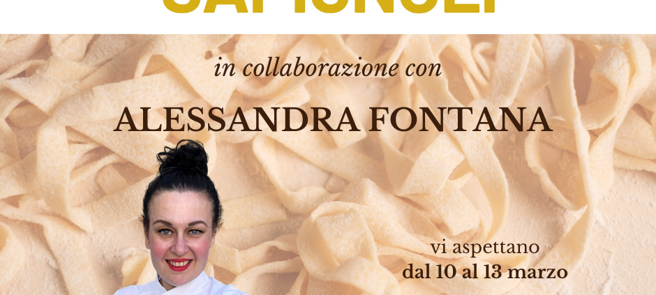 E' una locandina che ha come sfondo un tagliere con tagliatelle e ha in primo piano il logo del Molino Sapignoli, la foto di Alessandra Fontana e una didascalia con data e luogo dell'evento.